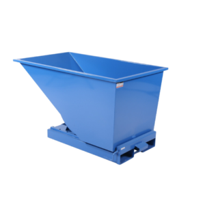 Stor blå industriel vippecontainer af metal med skrå sider.